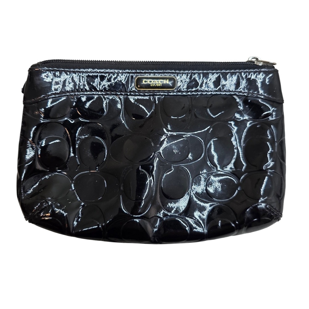 Coach Black Patent Leather Signature C Monogram Cosmetic Pouch Makeup Bag Zip